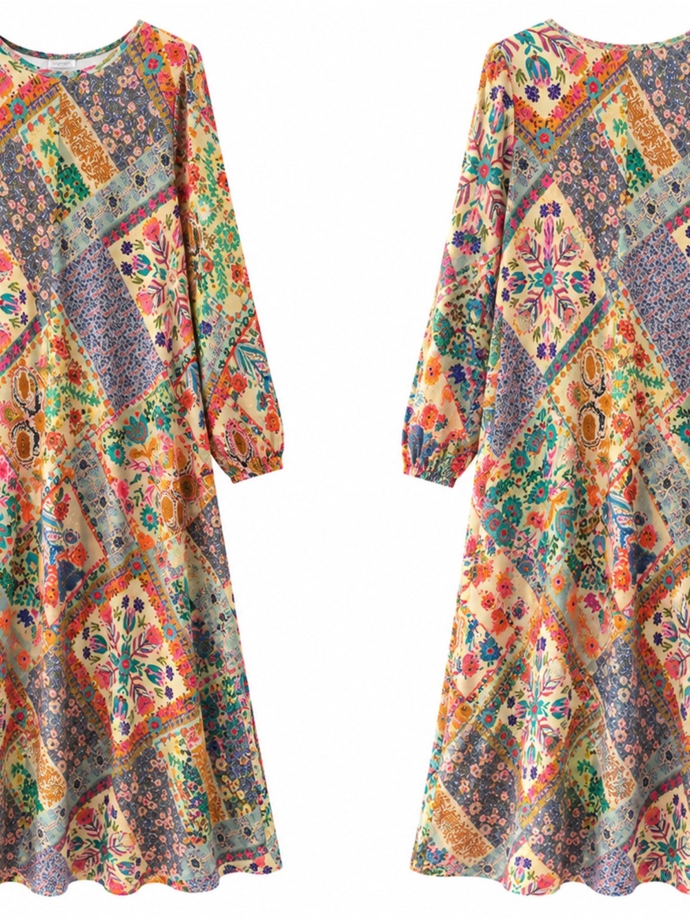 NATURAL LIFE Multicolor Floral Patchwork Long Sleeve Dress with Cream Base